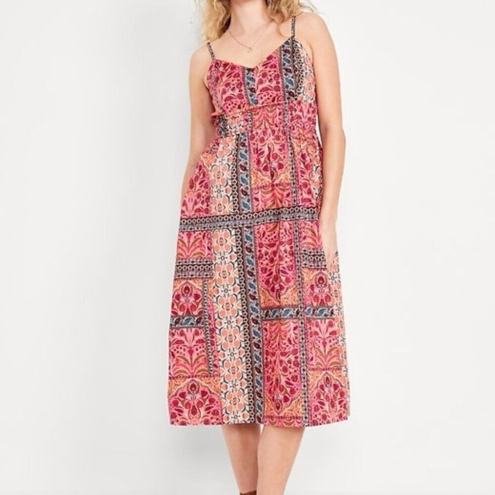 Old Navy Patchwork Print Waist-Defined Cami Midi Dress Size XXL